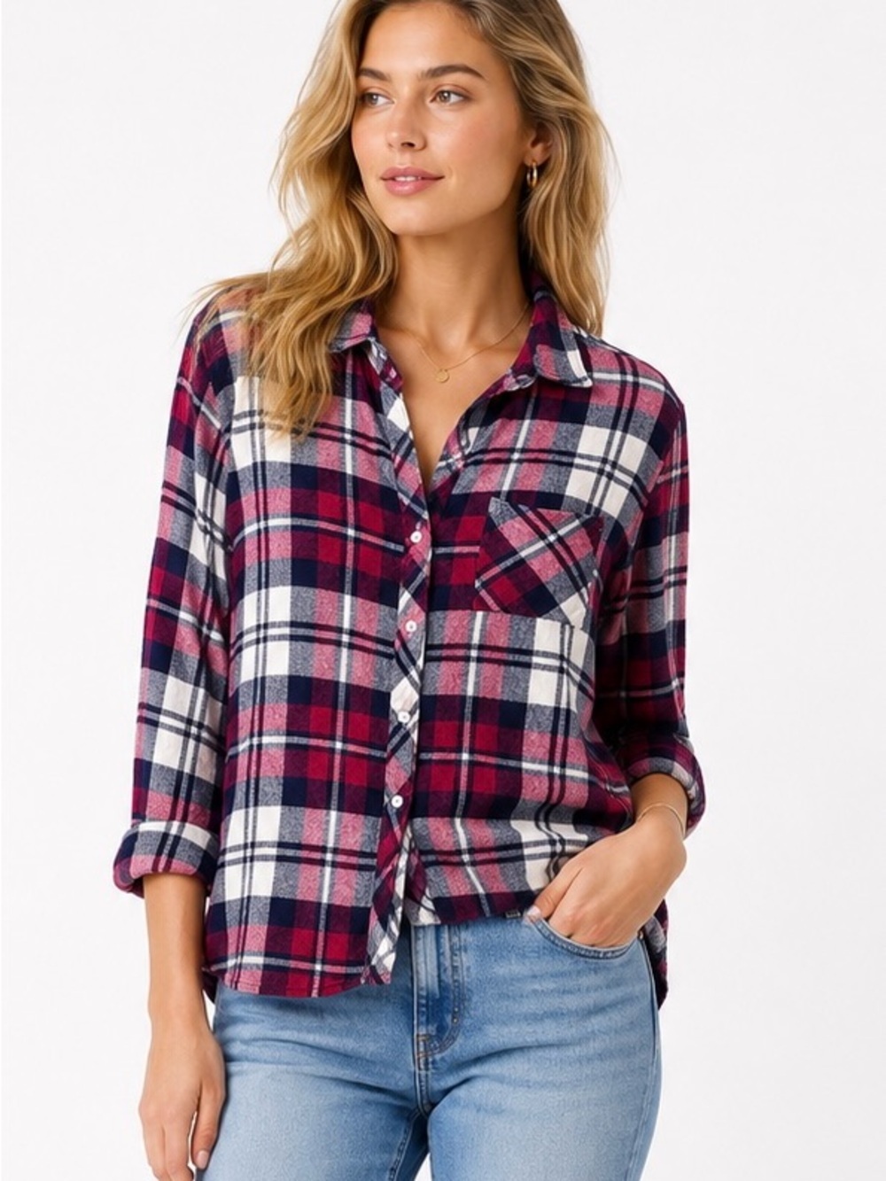 Rails Hunter Lychee Navy Plaid Button Front Rayon Shirt Small